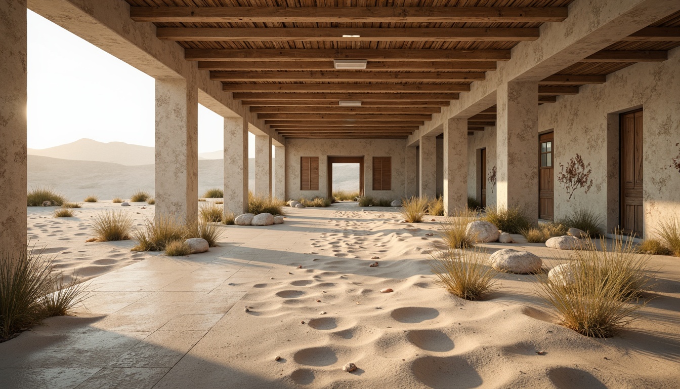 Prompt: Weathered sandy dunes, rough stone walls, rustic wooden planks, worn concrete floors, peeling paint textures, distressed metal surfaces, faded fabric patterns, natural earthy tones, warm beige colors, soft golden lighting, shallow depth of field, 1/1 composition, realistic normal maps, ambient occlusion.