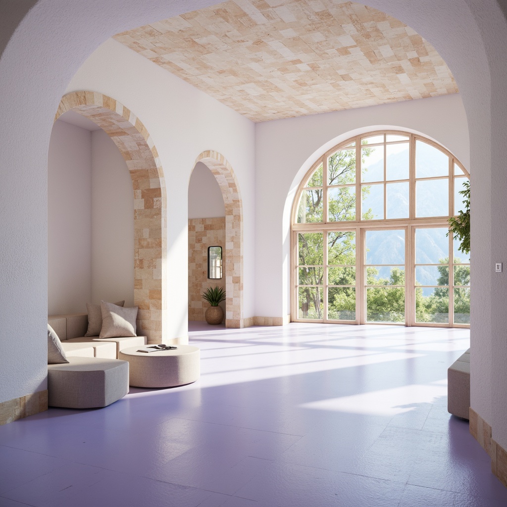 Prompt: Soft lavender blue hues, calming atmosphere, serene architectural design, gentle curves, rounded edges, soothing color scheme, pastel shades, creamy whites, warm beige accents, natural stone textures, wooden elements, minimalist decor, cozy reading nooks, floor-to-ceiling windows, abundant natural light, softbox lighting, shallow depth of field, 1/1 composition, intimate scale, peaceful ambiance, subtle gradient effects.