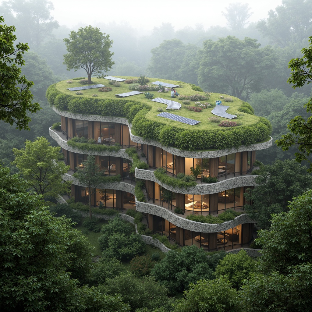 Prompt: Harmonious eco-friendly building, lush green roofs, living walls, solar panels, wind turbines, rainwater harvesting systems, natural stone fa\u00e7ades, curved lines, organic shapes, seamless integration with surroundings, serene forest environment, misty morning atmosphere, soft diffused lighting, shallow depth of field, 1/1 composition, realistic textures, ambient occlusion.