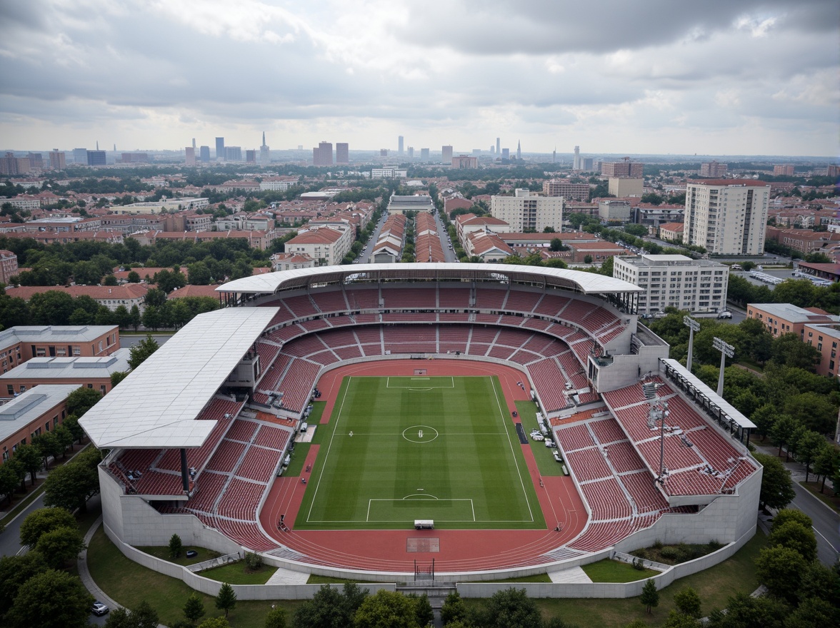 Prompt: Functional stadium layout, asymmetrical fa\u00e7ade, rectangular shapes, industrial materials, exposed ductwork, minimalist aesthetics, open circulation spaces, cantilevered roofs, geometric patterns, bold color schemes, athletic track, football field, spectator seating, modernist architecture, urban landscape, cloudy sky, dramatic lighting, high contrast, 1/2 composition, wide-angle lens, realistic textures, ambient occlusion.