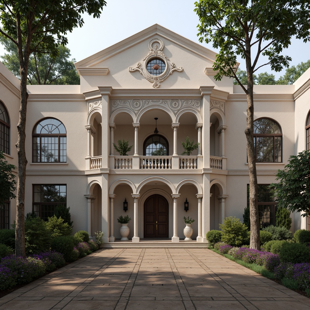 Prompt: Elegant monastery facade, neoclassical architecture, symmetrical composition, ornate stone carvings, grand entrance arches, Corinthian columns, rusticated bases, decorative pilasters, arched windows, stained glass, intricate moldings, subtle color palette, soft natural lighting, serene atmosphere, peaceful courtyard, lush greenery, ancient trees, misty morning, shallow depth of field, 1/1 composition, realistic textures, ambient occlusion.