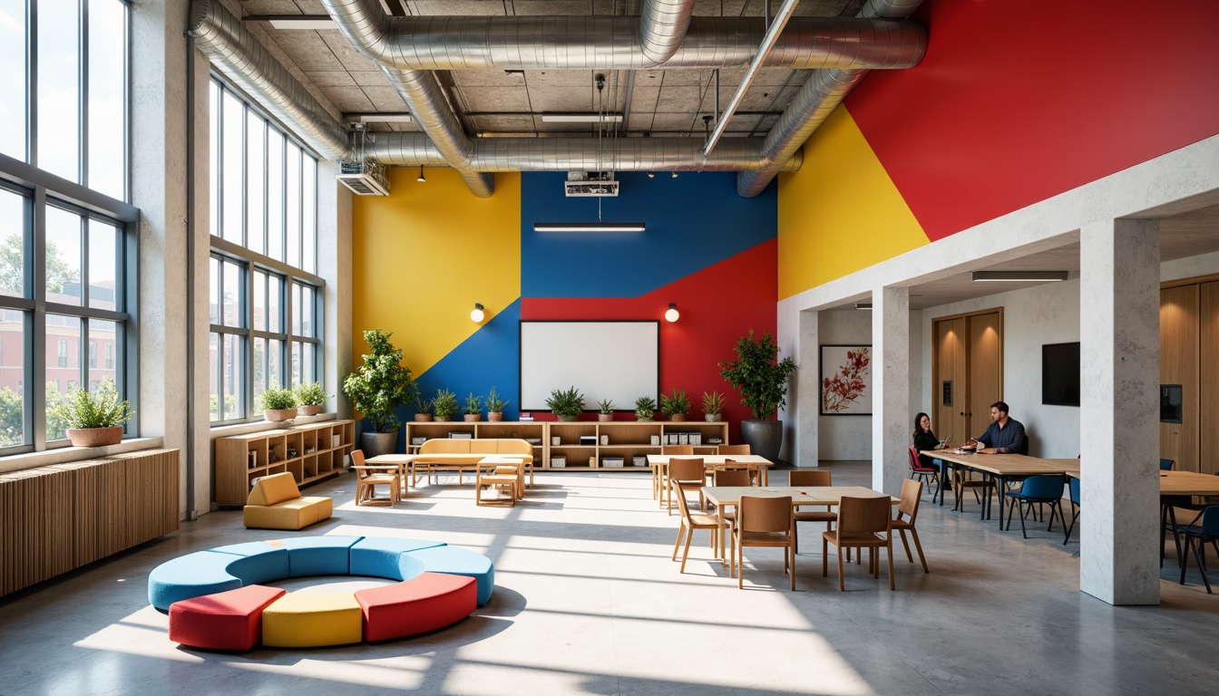 Prompt: Vibrant constructivist school, bold geometric shapes, primary color scheme, bright red accents, deep blue tones, yellow highlights, white concrete walls, industrial metal beams, exposed ductwork, minimalist furniture, functional design, open floor plans, collaborative learning spaces, natural light pouring in, softbox lighting, shallow depth of field, 1/1 composition, realistic textures, ambient occlusion.