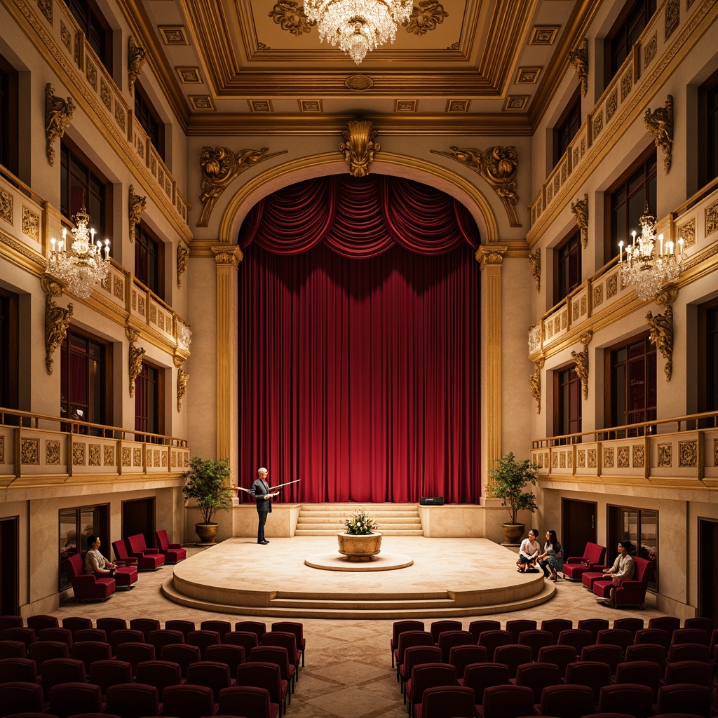 Prompt: Grand concert hall, ornate details, rich velvet curtains, polished marble floors, intricate moldings, gilded accents, luxurious chandeliers, soft warm lighting, shallow depth of field, 3/4 composition, panoramic view, realistic textures, ambient occlusion, neoclassical architecture, symmetrical facades, Corinthian columns, ornate balconies, rusticated bases, smooth limestone walls, decorative friezes, carved wooden panels, intricate plasterwork, opulent furnishings, lavish upholstery, regal red velvet, golden hardware, crystal chandeliers.