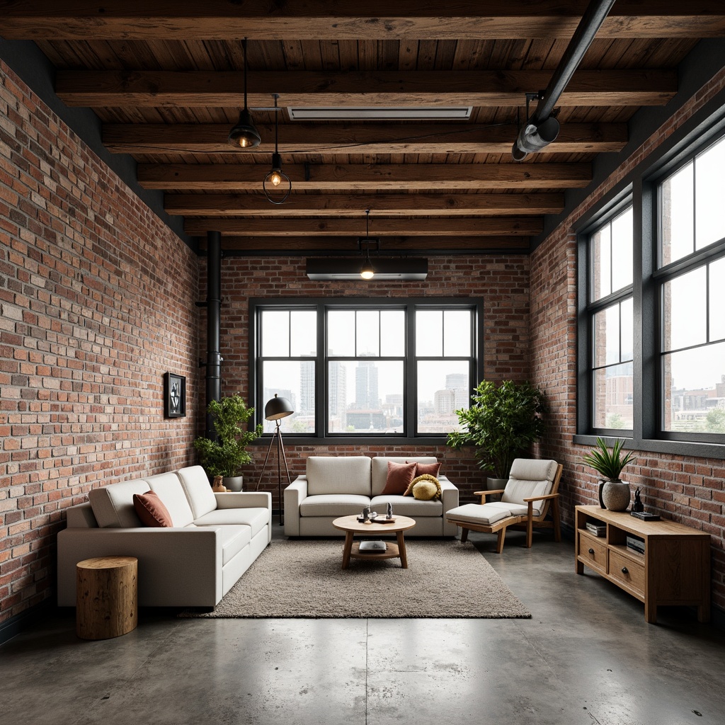 Prompt: Exposed brick walls, metal beams, reclaimed wood accents, industrial-style lighting fixtures, concrete floors, urban cityscape, converted warehouse, modern loft apartments, minimalist decor, functional simplicity, neutral color palette, natural textures, distressed finishes, eclectic furniture pieces, vintage machinery parts, Edison bulbs, steel windows, brutalist architecture, functional spaces, open floor plans, high ceilings, urban renewal projects, revitalized neighborhoods, adaptive reuse designs.