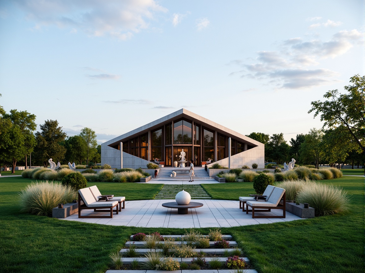 Prompt: Streamlined church exterior, minimalist landscaping, lush green lawns, modern sculptures, abstract fountains, geometric pathways, natural stone accents, sleek metal benches, vibrant flower beds, ornamental grasses, subtle outdoor lighting, warm ambient glow, shallow depth of field, 3/4 composition, panoramic view, realistic textures, ambient occlusion.