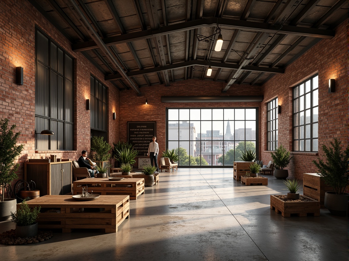 Prompt: Rustic warehouse, exposed brick walls, metal beams, wooden crates, industrial lighting, concrete floors, steel frames, corrugated metal roofs, reclaimed wood accents, earthy color palette, natural textures, urban landscape, cityscape views, functional design, open spaces, minimal ornamentation, raw finishes, distressed materials, vintage machinery, eclectic decor, warm atmospheric lighting, shallow depth of field, 1/1 composition, realistic renderings.