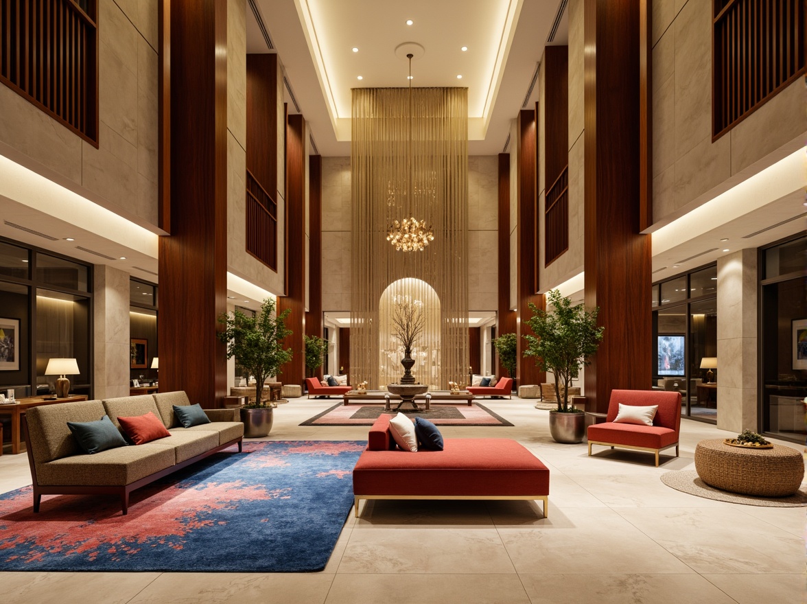 Prompt: Luxurious hotel lobby, rich wood accents, velvety soft furnishings, warm golden lighting, elegant marble floors, sophisticated neutral tones, calming blue hues, vibrant coral accents, natural stone walls, plush area rugs, modern minimalist decor, sleek metal fixtures, lavish chandeliers, dramatic high ceilings, grand staircase, opulent drapery, warm beige textures, inviting ambiance, 1/2 composition, soft focus, warm color grading.