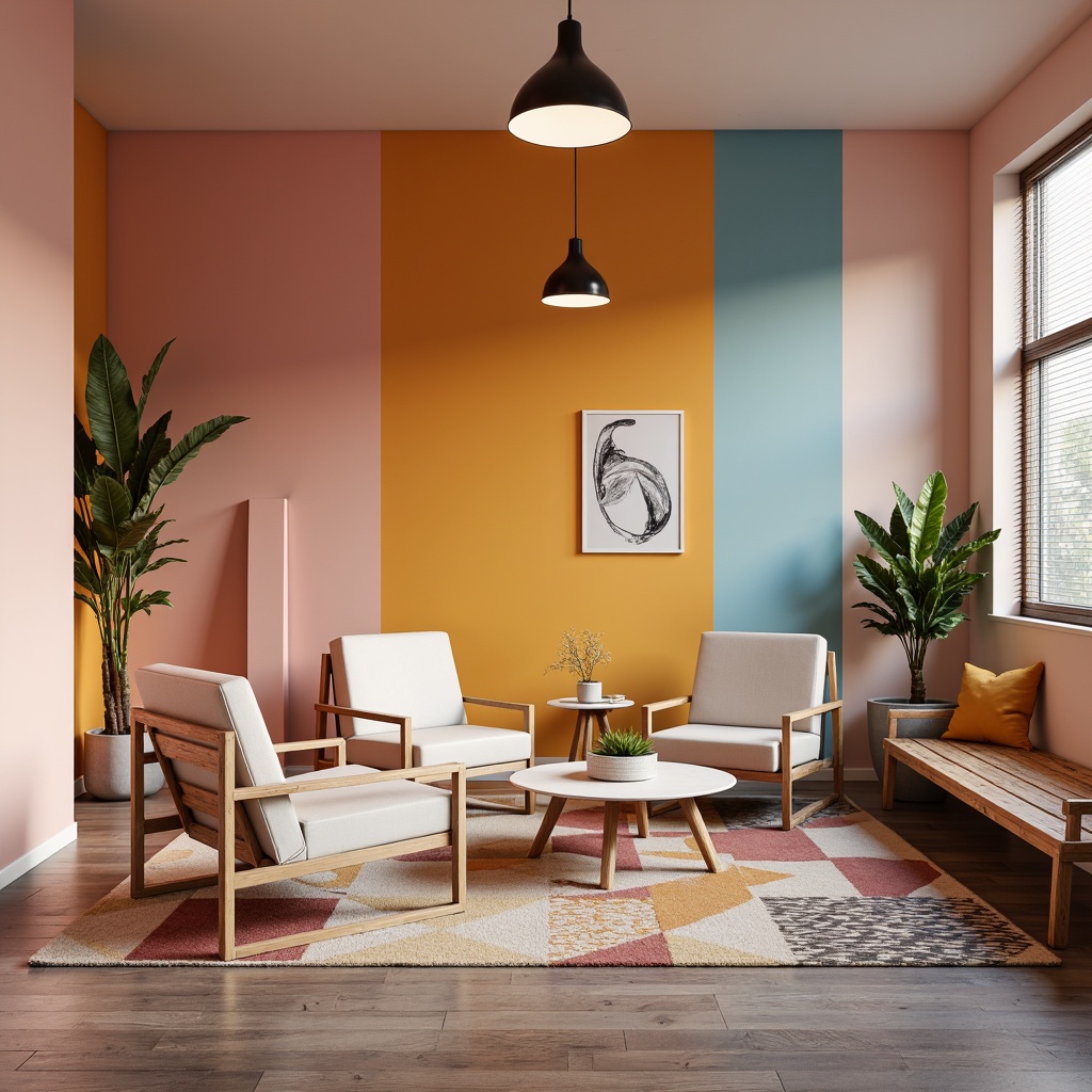 Prompt: Vibrant modern interior, bold color blocking, pastel hues, soft peach tones, rich charcoal accents, metallic silver highlights, natural wood textures, sleek minimalist furniture, geometric patterned rugs, abstract artwork, warm ambient lighting, shallow depth of field, 1/1 composition, realistic renderings.