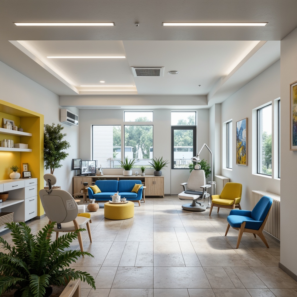 Prompt: Modern dental clinic interior, Bauhaus-inspired color palette, calming whites, creamy grays, bold blues, vibrant yellows, sleek metal accents, minimalist furniture, geometric patterns, clean lines, functional lighting, natural stone floors, wooden cabinetry, ergonomic chairs, futuristic equipment, sterile atmosphere, soft ambient lighting, shallow depth of field, 1/1 composition, realistic textures, ambient occlusion.