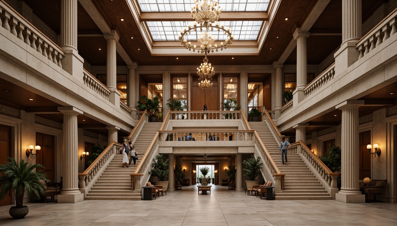 Prompt: Grandiose research center, neoclassical facade, ornate columns, carved stone details, symmetrical composition, grand entrance, sweeping staircases, elegant balustrades, refined wood paneling, luxurious chandeliers, subtle warm lighting, soft focus, shallow depth of field, 2/3 composition, panoramic view, realistic textures, ambient occlusion.