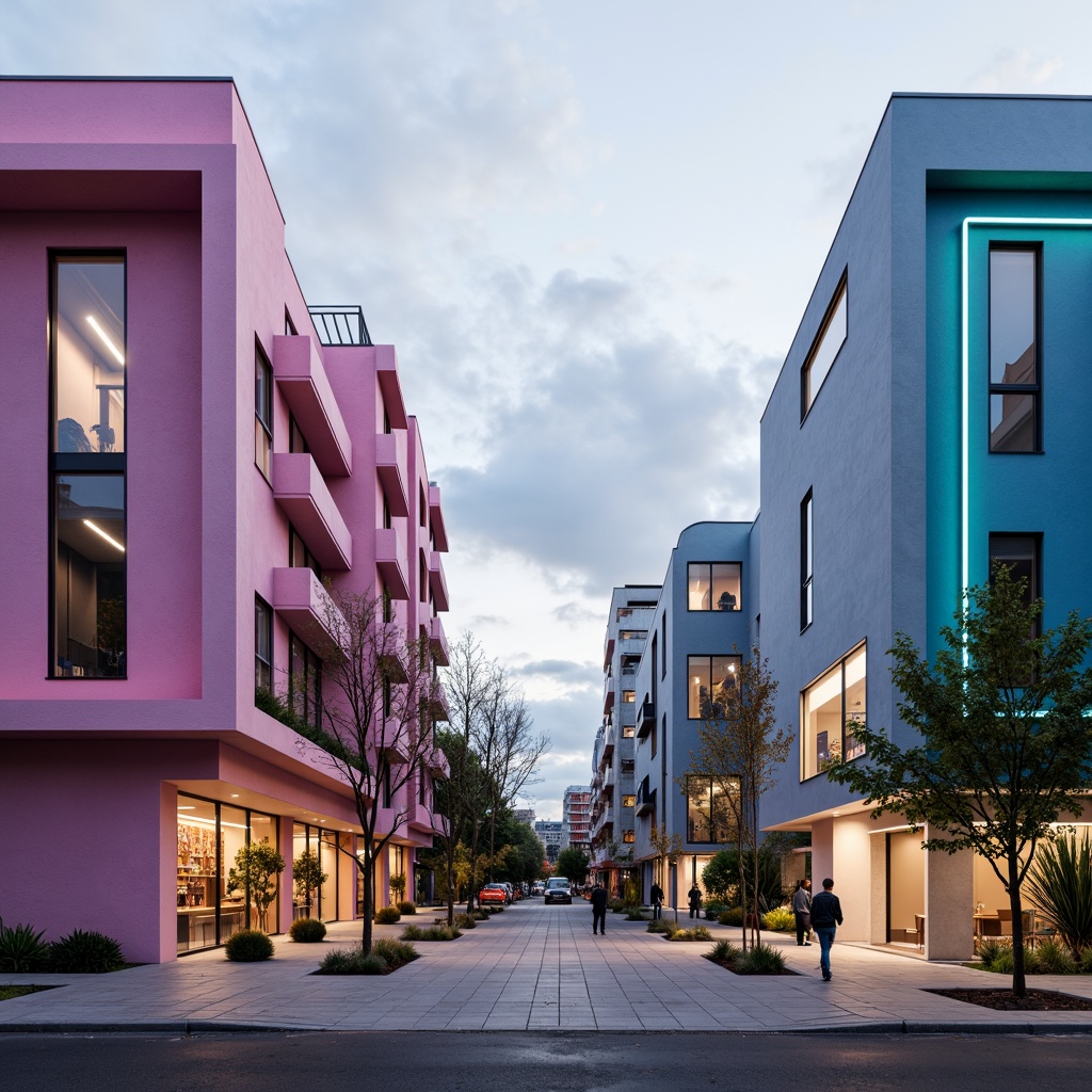 Prompt: Vibrant modernist architecture, bold geometric shapes, monochromatic color scheme, pastel hues, neon accents, metallic finishes, sleek glass surfaces, minimalist decor, industrial materials, urban cityscape, cloudy grey sky, dramatic shadows, high contrast lighting, 1/1 composition, symmetrical framing, abstract textures, atmospheric perspective.