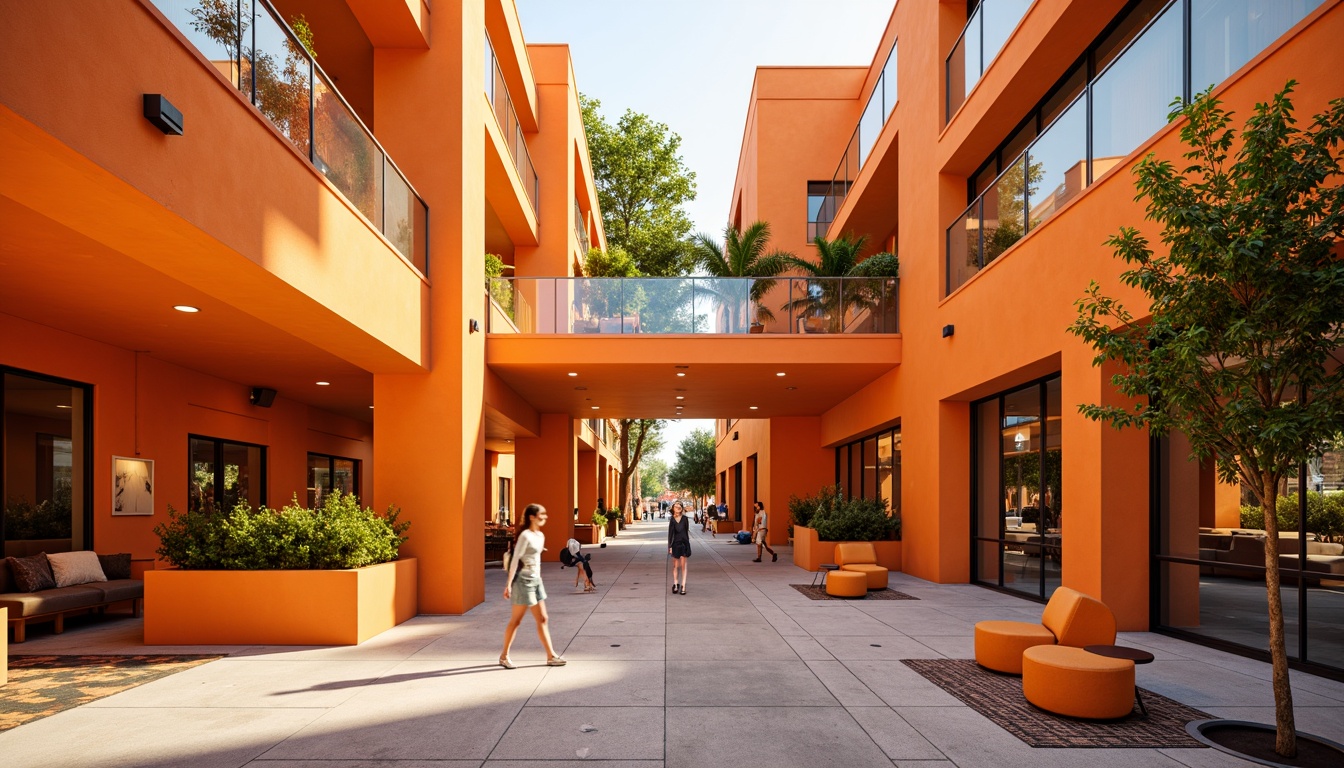 Prompt: Vibrant tangerine buildings, warm orange hues, inviting entranceways, playful geometric patterns, modern minimalist design, sleek metal accents, glass facades, open floor plans, natural light pouring in, cozy reading nooks, plush furniture, bold color blocking, energetic atmosphere, lively urban setting, bustling streets, trendy cafes, artistic murals, eclectic street art, warm sunny day, soft golden lighting, shallow depth of field, 1/1 composition, realistic textures, ambient occlusion.