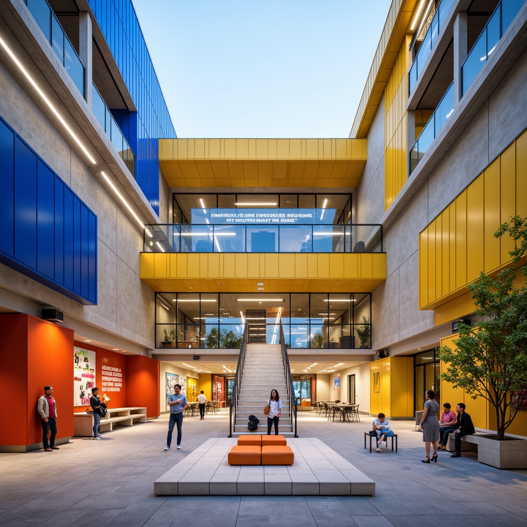 Prompt: Vibrant high school building, fusion architecture style, bold color scheme, bright blue accents, warm yellow tones, deep orange hues, neutral beige background, modern metallic materials, sleek glass surfaces, angular lines, minimalist design, educational signage, inspirational quotes, collaborative learning spaces, flexible seating areas, natural light infusion, soft warm lighting, shallow depth of field, 3/4 composition, panoramic view, realistic textures, ambient occlusion.