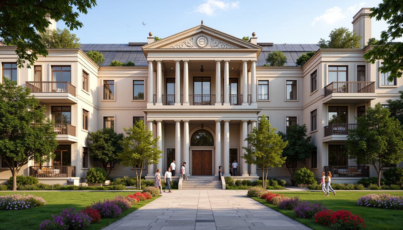 Prompt: Grand university building, neoclassical facade, ornate columns, carved stone details, symmetrical architecture, rusticated base, arched windows, balconies with intricate metalwork, grand entrance with wooden doors, polished bronze hardware, lush greenery, vibrant flowers, natural stone walkways, modern innovative materials, energy-efficient systems, solar panels, green roofs, eco-friendly materials, soft warm lighting, shallow depth of field, 3/4 composition, panoramic view, realistic textures, ambient occlusion.