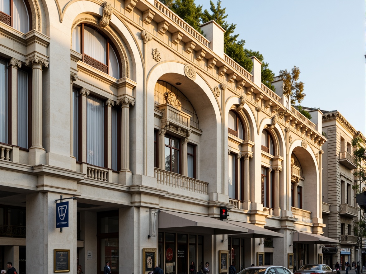 Prompt: Grandiose neoclassical building, ornate facade details, Corinthian columns, symmetrical composition, elegant arches, intricate carvings, ornamental moldings, luxurious marble materials, subtle cream colors, soft golden lighting, shallow depth of field, 1/1 composition, realistic textures, ambient occlusion, urban cityscape, busy streets, historic landmarks, vibrant cultural atmosphere.