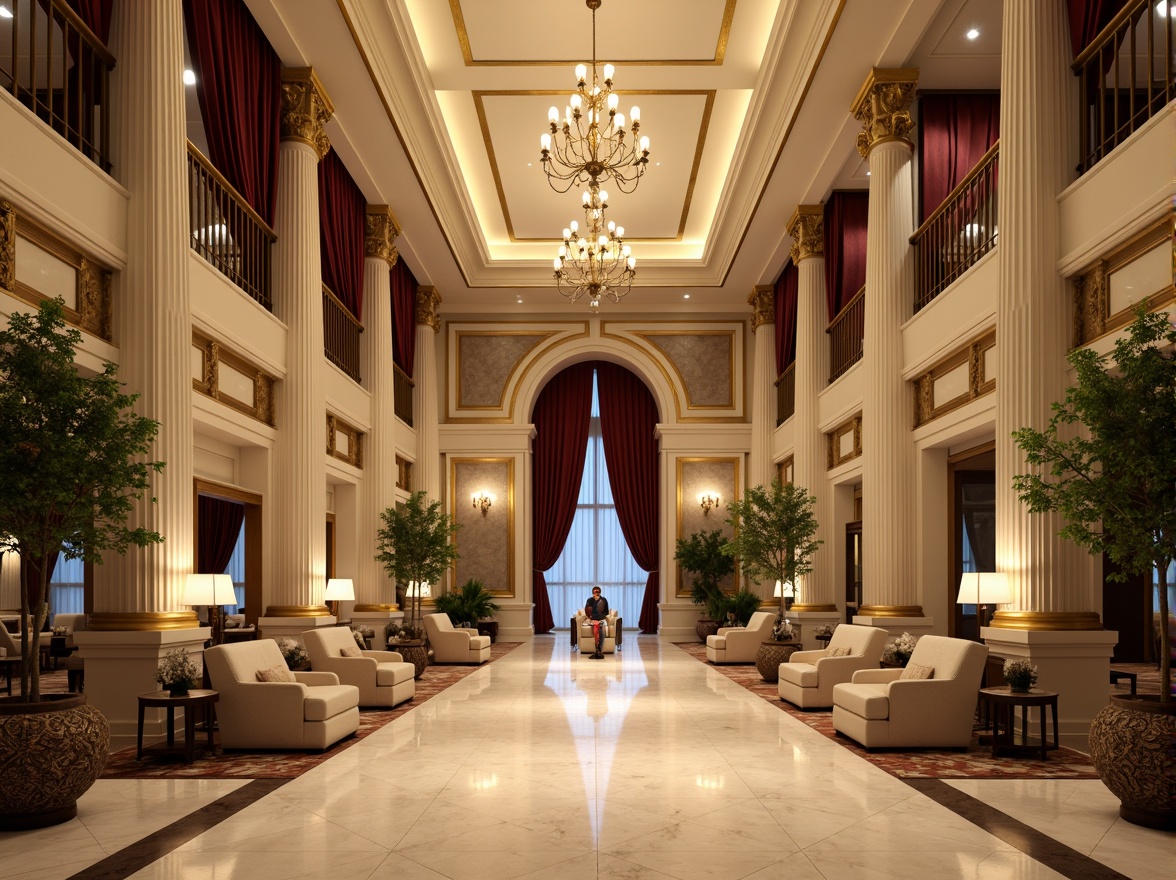 Prompt: Grand hotel lobby, ornate columns, intricately carved capitals, polished marble floors, elegant chandeliers, luxurious furnishings, rich velvet drapes, golden accents, symmetrical composition, classical arches, ornamental moldings, subtle lighting, warm beige tones, refined textures, shallow depth of field, 1/1 composition, realistic reflections, ambient occlusion.