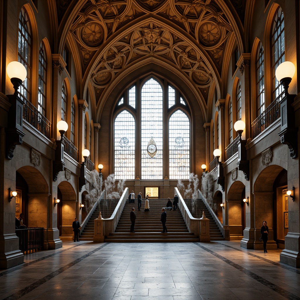 Prompt: Grandiose metro station entrance, Gothic arches, ribbed vaults, ornate stone carvings, intricate stained glass windows, majestic clock towers, imposing stone columns, dramatic lighting effects, atmospheric misting systems, polished granite floors, ornamental metal railings, grand staircases, high ceilings, symmetrical composition, 1/1 aspect ratio, warm golden lighting, shallow depth of field, realistic textures, ambient occlusion.