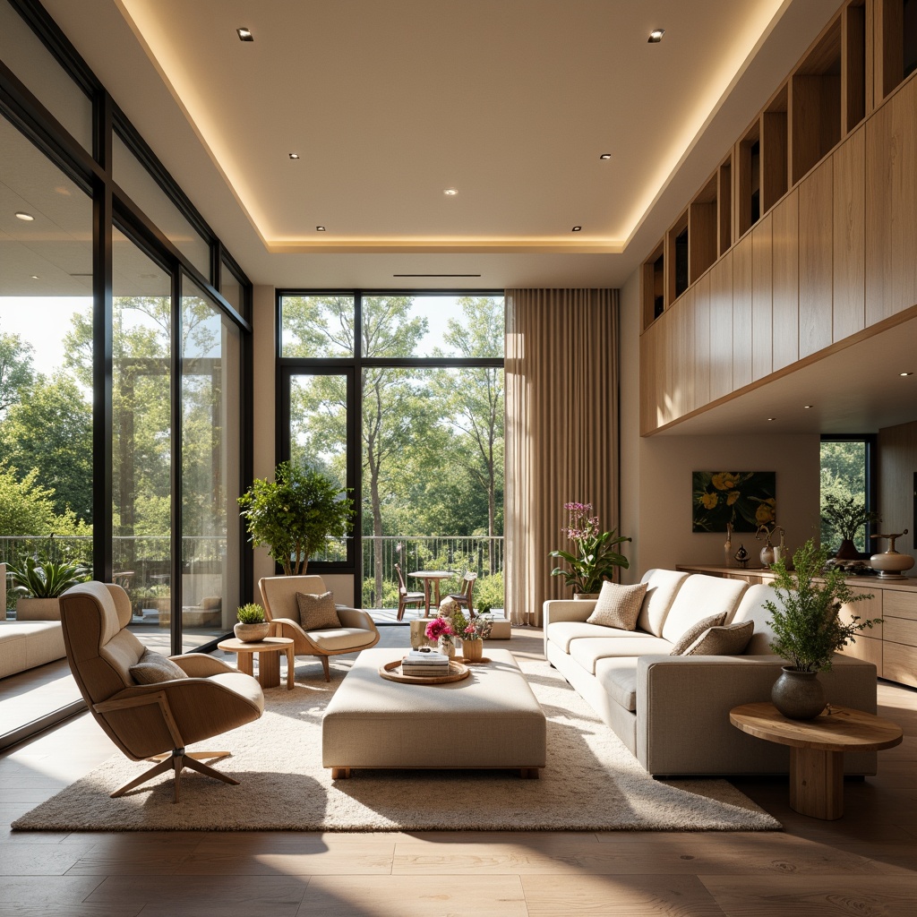 Prompt: Cozy living room, plush sofas, warm beige walls, soft carpet flooring, minimal ornamentation, functional shelving units, ergonomic furniture, ample natural light, floor-to-ceiling windows, sliding glass doors, serene outdoor views, lush greenery, vibrant flowers, modern minimalist decor, calming color palette, efficient storage solutions, multi-functional spaces, open-plan layout, comfortable reading nooks, warm task lighting, soft background music, 1/1 composition, shallow depth of field, realistic textures.