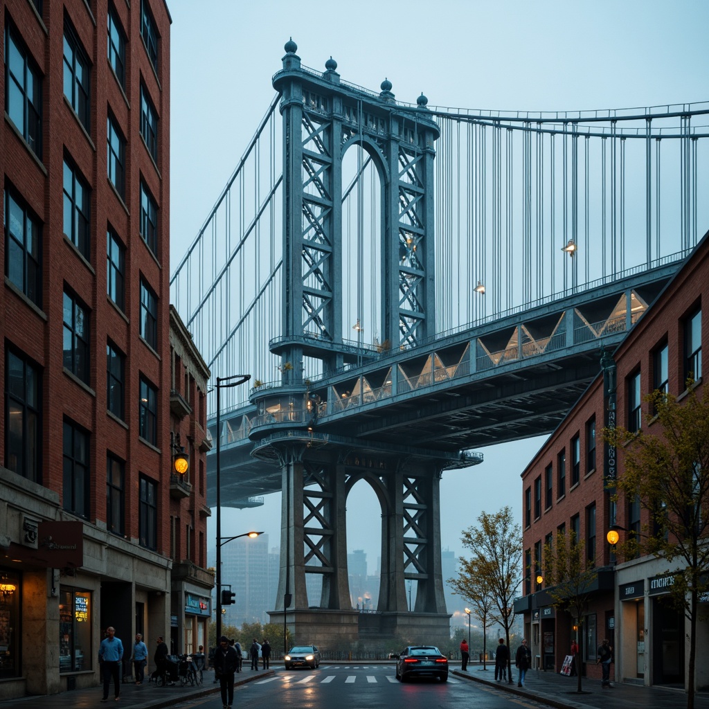 Prompt: Vibrant urban landscape, majestic bridge structure, steel beams, suspension cables, modern architecture, industrial materials, misty morning atmosphere, soft warm lighting, subtle color gradations, blue-grey tones, rusty orange accents, weathered concrete textures, atmospheric perspective, 1/2 composition, cinematic mood, realistic reflections.