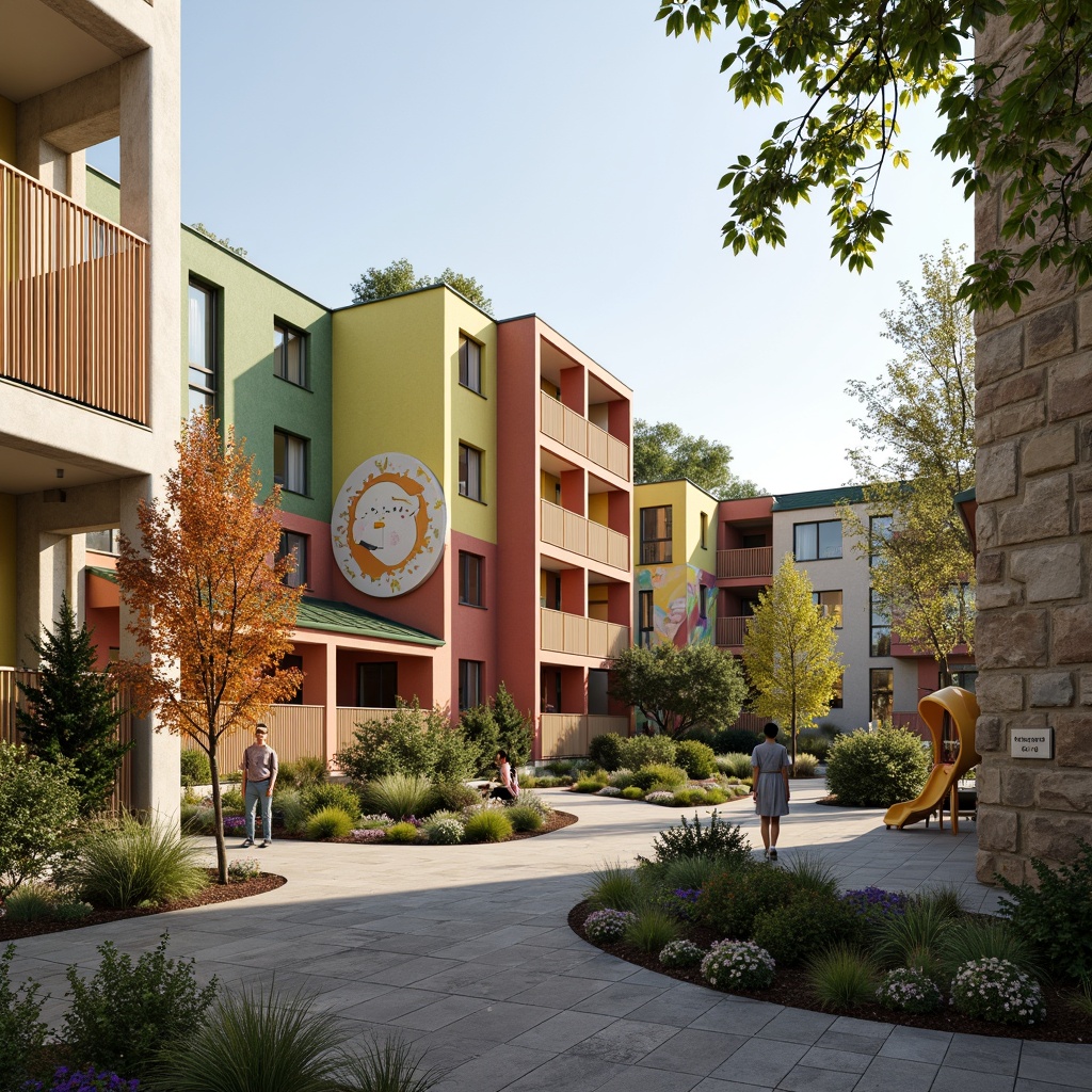 Prompt: Vibrant social housing complex, warm earthy tones, soft pastel colors, natural stone fa\u00e7ades, wooden accents, green roofs, communal gardens, playful children's playgrounds, educational murals, modern minimalist architecture, large windows, sliding glass doors, cozy interior lighting, shallow depth of field, 3/4 composition, panoramic view, realistic textures, ambient occlusion.