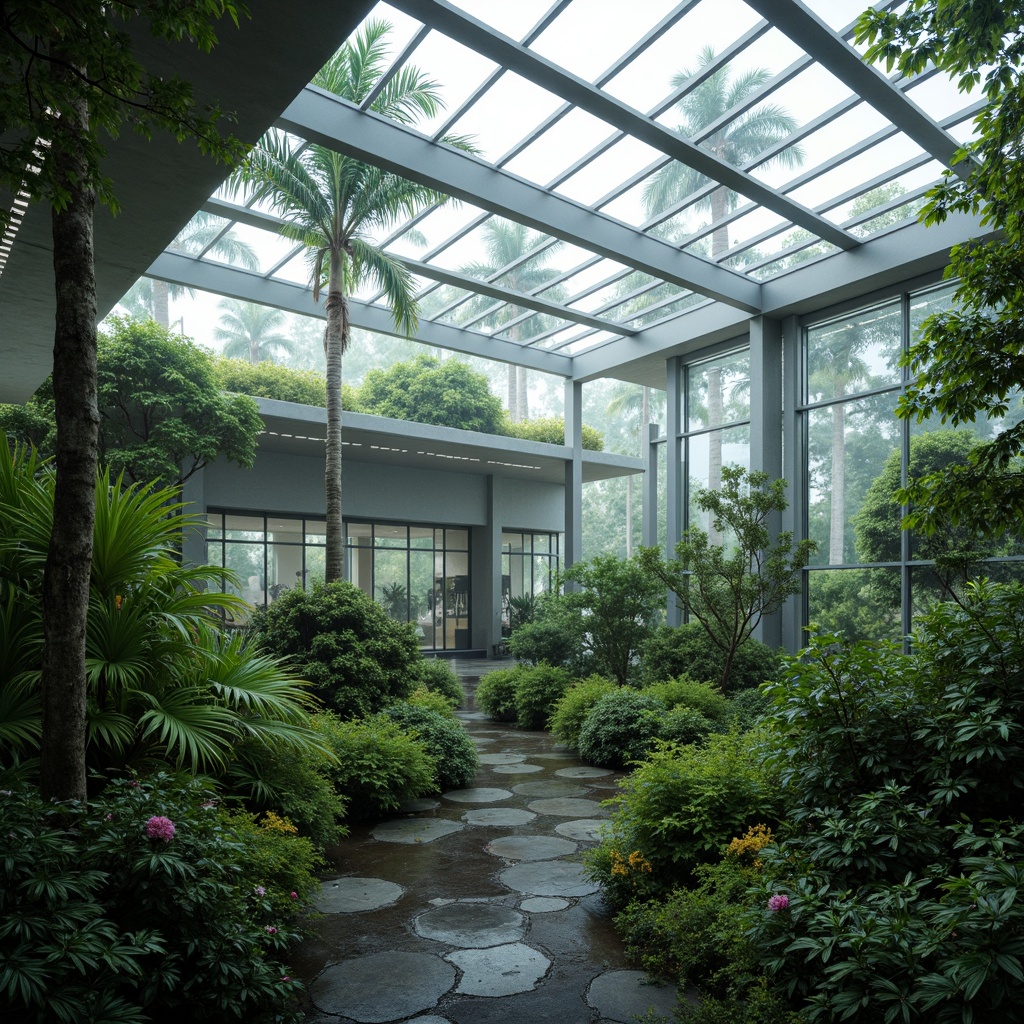 Prompt: Futuristic greenhouse, lush tropical plants, misty atmosphere, experimental architecture, sustainable materials, recycled glass walls, living roofs, green fa\u00e7ades, solar panels, wind turbines, rainwater harvesting systems, natural ventilation, organic farming, hydroponic systems, LED grow lights, climate control systems, futuristic interior design, minimalist aesthetic, sleek metal frames, transparent polycarbonate roofing, ambient lighting, shallow depth of field, 3/4 composition, panoramic view, realistic textures, ambient occlusion.