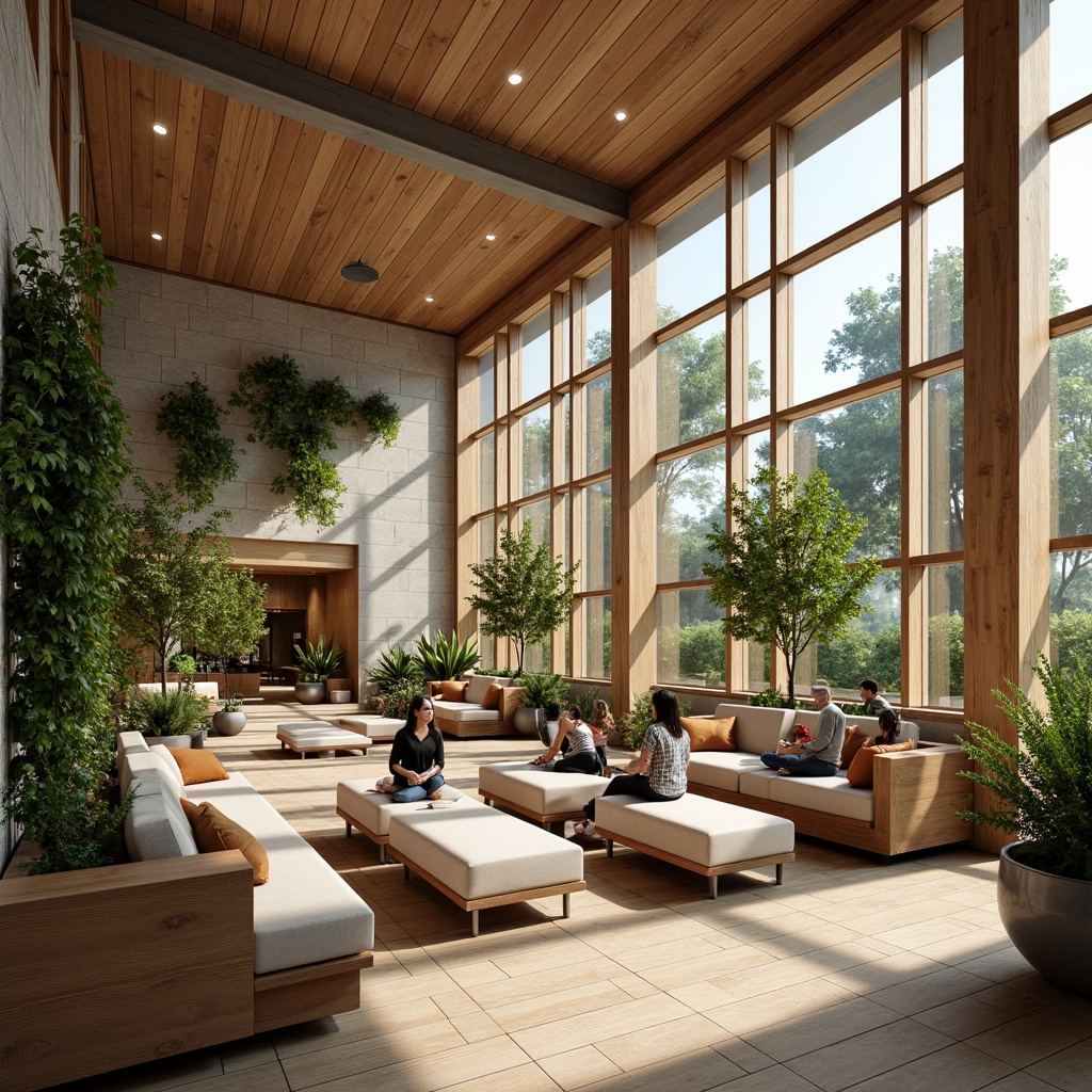 Prompt: Cozy student lounge, warm wooden accents, large windows, soft diffused lighting, natural stone walls, greenery installations, vibrant plants, comfortable seating areas, minimalist decor, calming color palette, abundant daylight, gentle shadows, 1/1 composition, shallow depth of field, realistic textures, ambient occlusion.