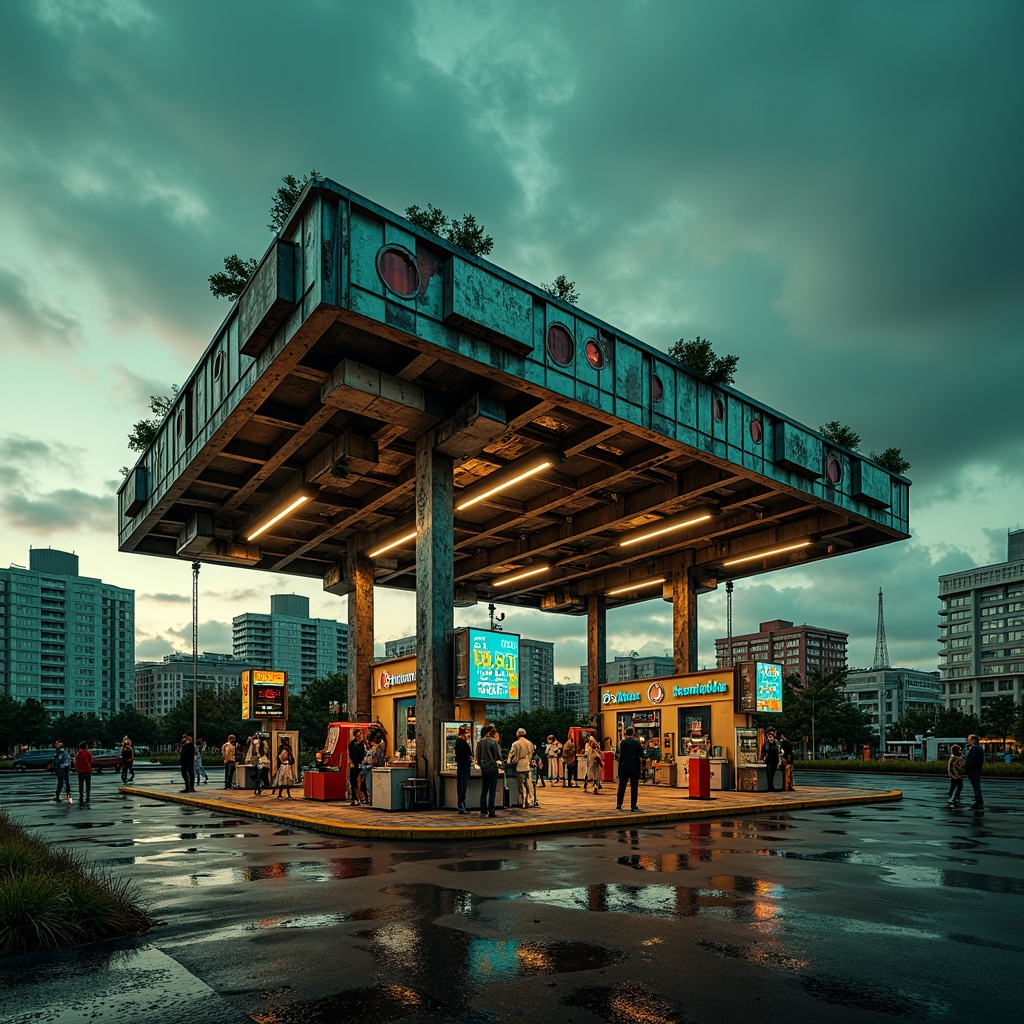 Prompt: Deconstructed gas station, fragmented forms, industrial materials, distressed metal surfaces, exposed pipes, neon lights, vibrant color palette, bold typography, urban landscape, cityscape background, dramatic shadows, high-contrast lighting, abstract composition, dynamic angles, futuristic atmosphere, metallic sheen, reflective surfaces, edgy textures, avant-garde design, brutalist architecture, post-apocalyptic mood, desaturated colors, acid green, toxic yellow, deep blues, fiery oranges.