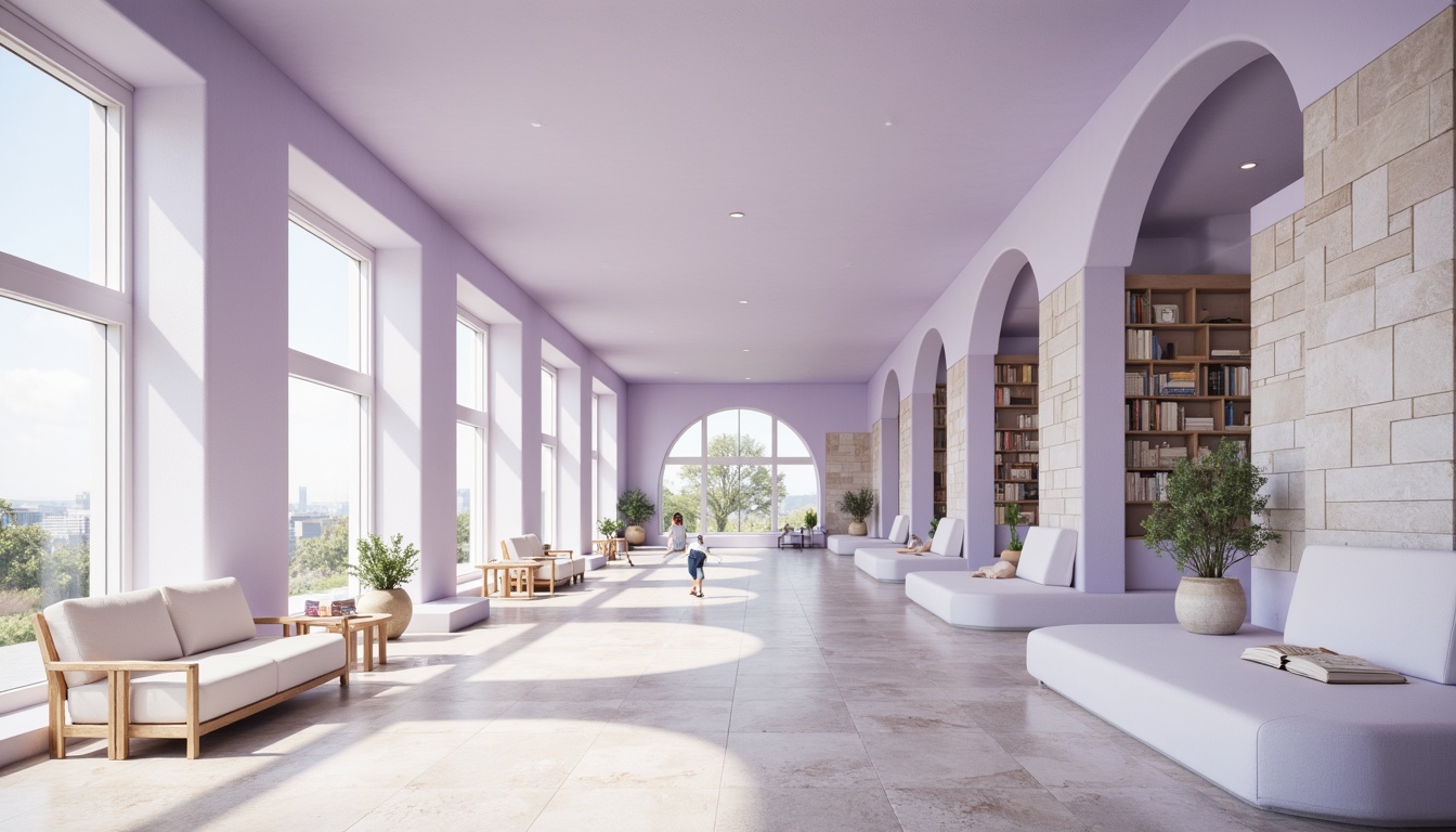 Prompt: Soft lavender blue hues, calming atmosphere, serene architectural design, gentle curves, rounded edges, soothing color scheme, pastel shades, creamy whites, warm beige accents, natural stone textures, wooden elements, minimalist decor, cozy reading nooks, floor-to-ceiling windows, abundant natural light, softbox lighting, shallow depth of field, 1/1 composition, intimate scale, peaceful ambiance, subtle gradient effects.