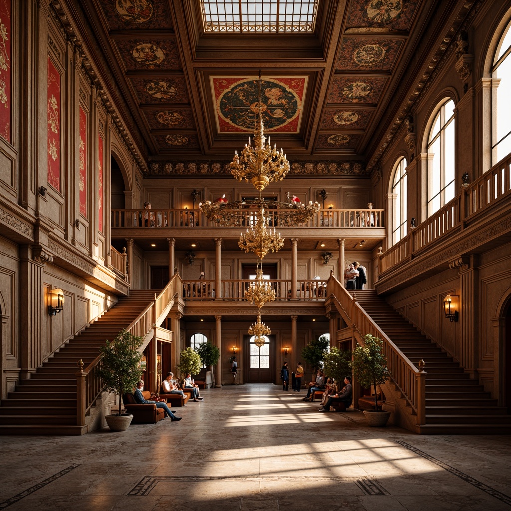 Prompt: Grand high school interior, Renaissance-style architecture, ornate wooden paneling, richly colored tapestries, grand chandeliers, sweeping staircases, marble floors, intricate moldings, decorative columns, arched windows, stained glass ceilings, warm golden lighting, soft focus, shallow depth of field, 1/2 composition, realistic textures, ambient occlusion.