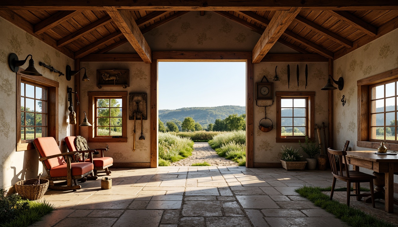 Prompt: Rustic barn, wooden beams, vintage farm tools, natural stone walls, earthy tones, soft warm lighting, large windows, wooden shutters, ornate metal hinges, distressed wood textures, rural landscape, rolling hills, green pastures, wildflowers, sunny day, shallow depth of field, 3/4 composition, panoramic view, realistic textures, ambient occlusion.