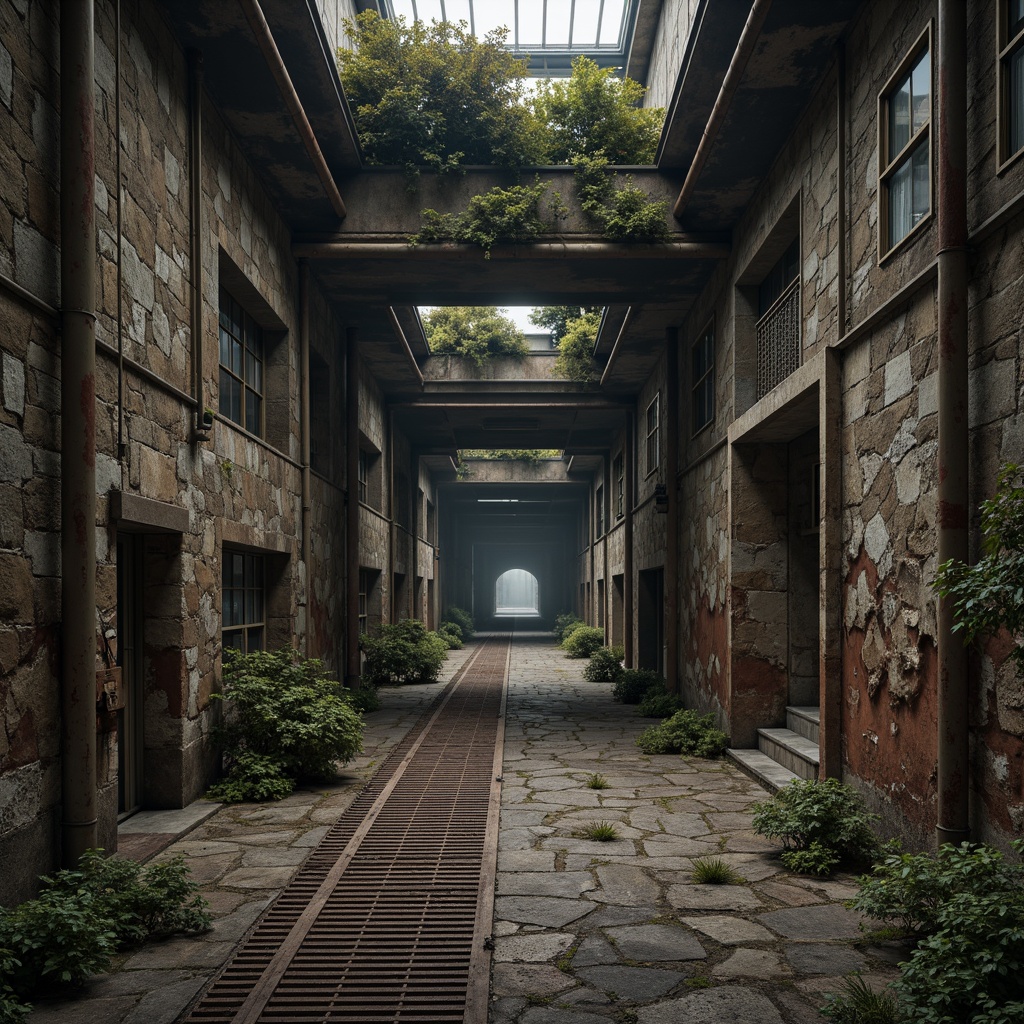 Prompt: Rugged stone walls, distressed wood planks, rough-hewn boulders, metallic grates, industrial pipes, worn concrete floors, peeling paint, rusty machinery, weathered steel beams, cracked earth, moss-covered rocks, overgrown vegetation, dramatic shadows, high-contrast lighting, cinematic composition, gritty realism, atmospheric fog, intense focal length.