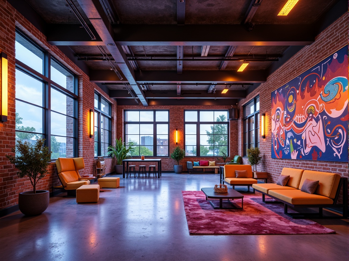 Prompt: Vibrant youth center, exposed brick walls, polished concrete floors, wooden accents, metal beams, industrial chic decor, neon color schemes, graffiti-inspired murals, urban landscape views, natural light pouring in, modern minimalist furniture, sleek LED lighting, abstract geometric patterns, bold typography, dynamic spatial layouts, 3/4 composition, shallow depth of field, realistic textures, ambient occlusion.