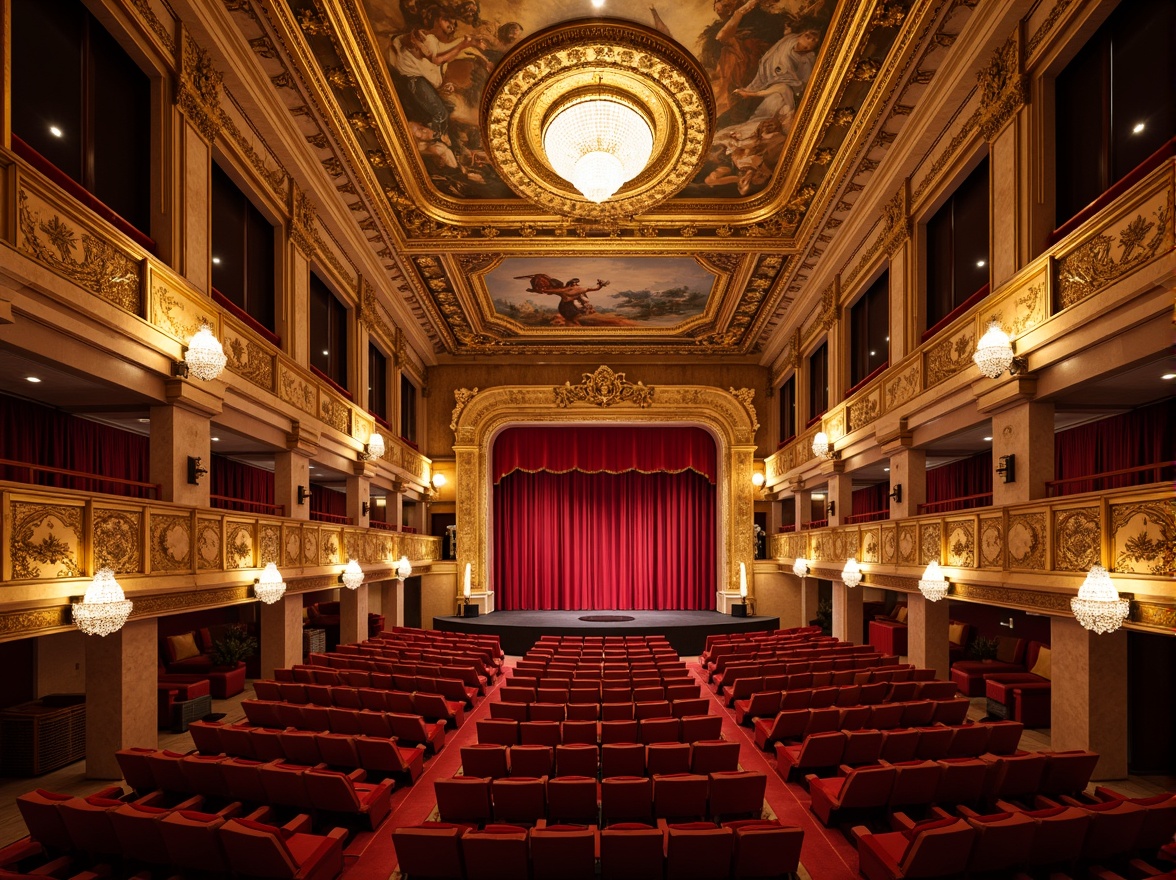 Prompt: Grand opera house, ornate details, rich velvet curtains, gilded moldings, marble columns, intricate frescoes, crystal chandeliers, luxurious red carpets, golden balconies, neoclassical arches, symmetrical composition, dramatic spotlights, warm soft lighting, shallow depth of field, 1/1 composition, realistic textures, ambient occlusion.