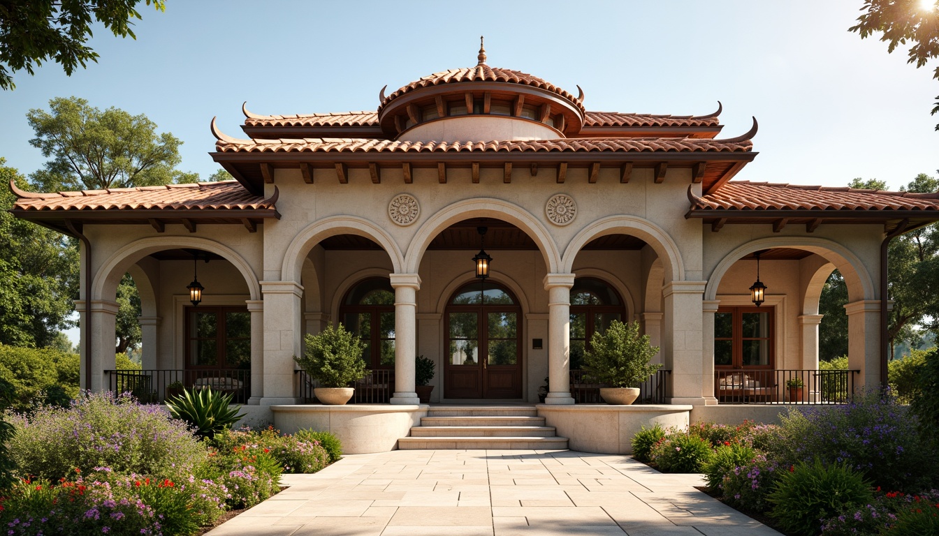 Prompt: Grand pavilion, Romanesque style, ornate roof structure, terracotta tiles, curved arches, ribbed vaults, decorative finials, intricate stone carvings, lush greenery, vibrant flowers, natural stone walls, rustic wooden doors, warm sunny day, soft warm lighting, shallow depth of field, 3/4 composition, panoramic view, realistic textures, ambient occlusion.