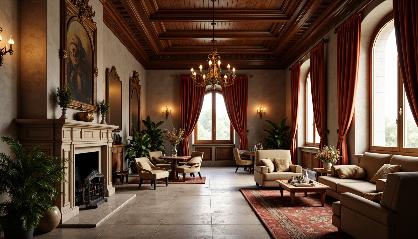 Prompt: Renaissance-style apartments, warm earthy tones, rich wood accents, ornate furnishings, luxurious fabrics, velvet drapes, golden lighting fixtures, intricate moldings, high ceilings, large windows, natural stone floors, elegant archways, sophisticated color scheme, muted reds, deep blues, soft yellows, creamy whites, subtle texture overlays, realistic material reflections, warm ambient lighting, shallow depth of field, 1/1 composition, detailed architectural elements.