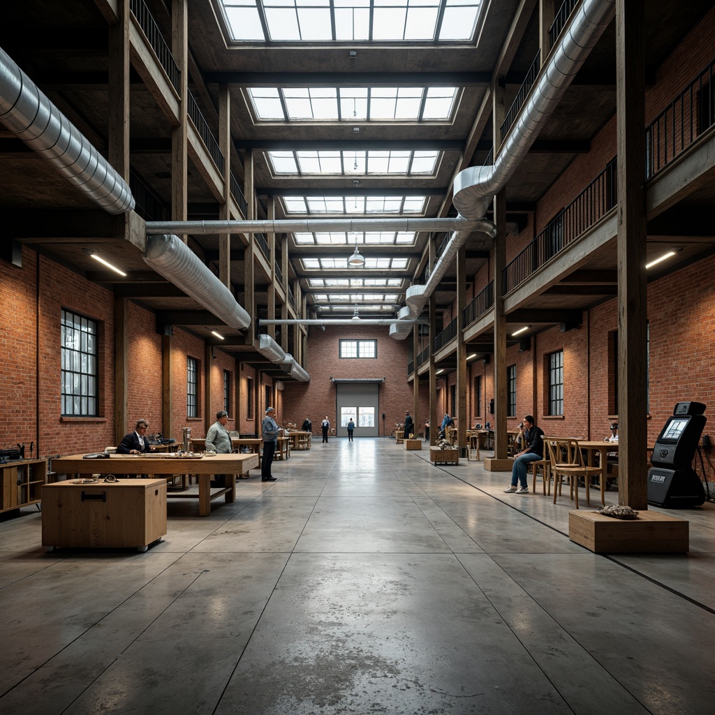 Prompt: Industrial warehouse interior, exposed ductwork, metal beams, concrete floors, rustic brick walls, high ceilings, natural light pouring through skylights, warm ambient lighting, softbox lights, task lamps, suspended linear fixtures, LED strips, diffused shadows, subtle color temperature, 1/2 composition, shallow depth of field, realistic textures, ambient occlusion.