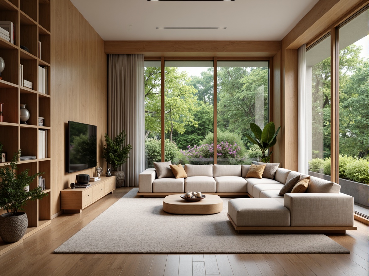 Prompt: Cozy living room, plush sofas, warm beige walls, soft carpet flooring, minimal ornamentation, functional shelving units, ergonomic furniture, ample natural light, floor-to-ceiling windows, sliding glass doors, serene outdoor views, lush greenery, vibrant flowers, modern minimalist decor, calming color palette, efficient storage solutions, multi-functional spaces, open-plan layout, comfortable reading nooks, warm task lighting, soft background music, 1/1 composition, shallow depth of field, realistic textures.