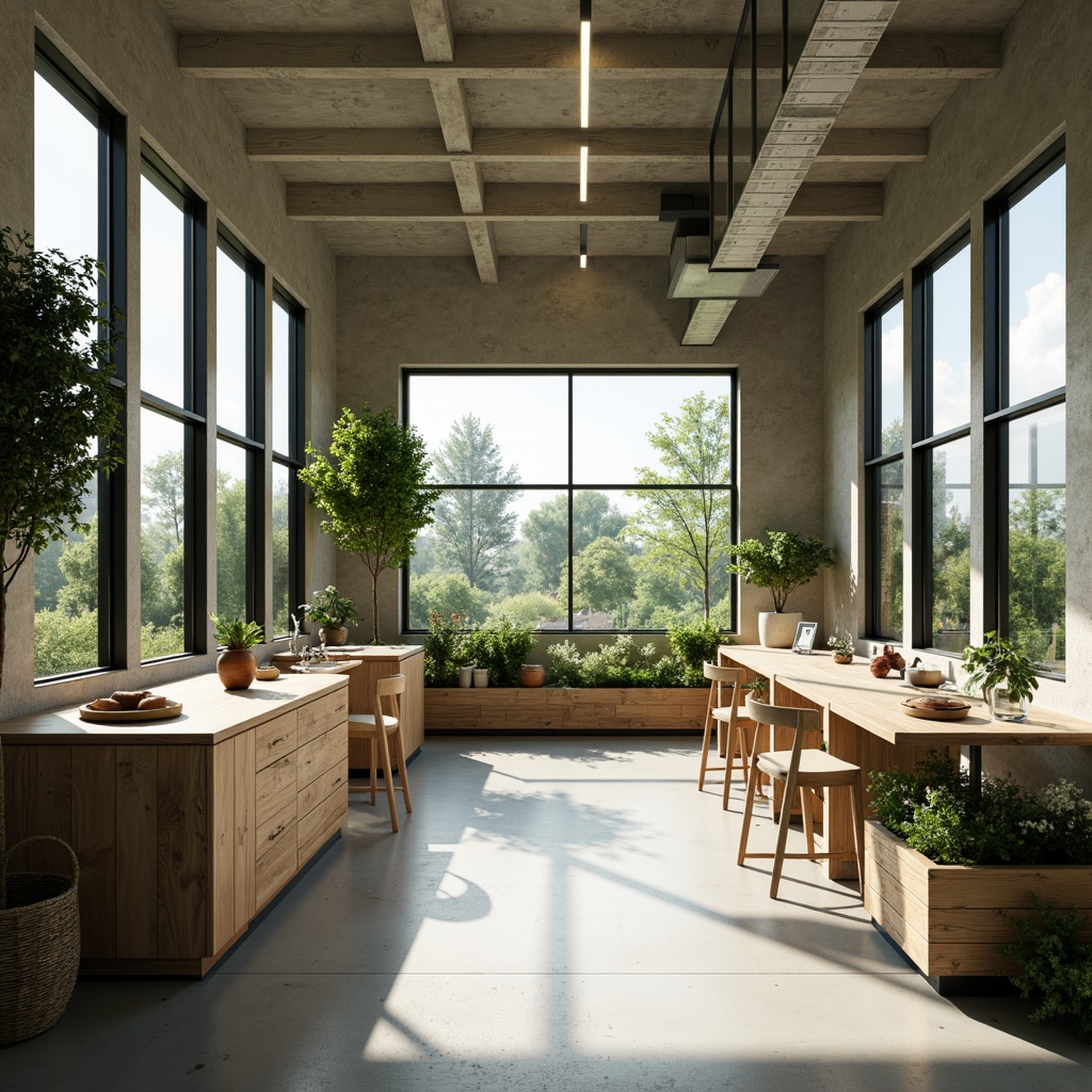 Prompt: Minimalist laboratory interior, eco-friendly materials, recycled countertops, energy-efficient lighting, natural ventilation systems, green walls, living plants, reclaimed wood furniture, simple geometric shapes, industrial chic aesthetic, monochromatic color scheme, abundant natural light, soft diffused shadows, 1/1 composition, shallow depth of field, realistic textures, ambient occlusion.