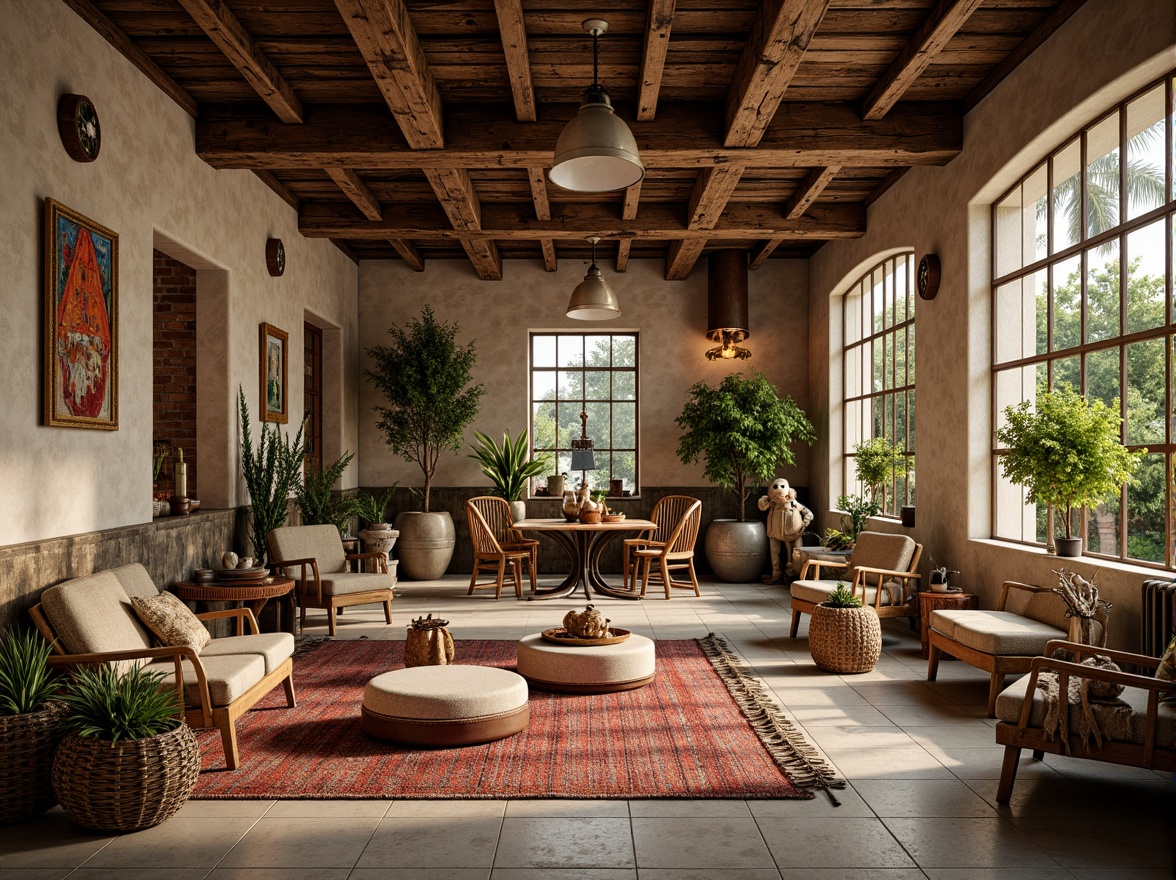 Prompt: Vibrant eclectic interior, reclaimed wood accents, natural stone walls, earthy color palette, woven textiles, rattan furniture, macrame details, potted plants, industrial metal beams, exposed brick, distressed finishes, warm ambient lighting, soft shadows, 1/1 composition, shallow depth of field, realistic textures, ambient occlusion.