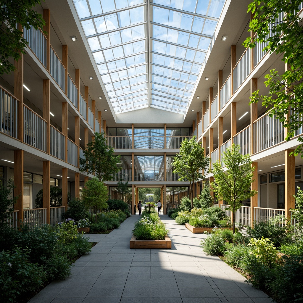 Prompt: Vibrant atrium, abundant natural light, floor-to-ceiling windows, transparent glass roofs, open-air courtyards, lush greenery, modern minimalist architecture, sleek metal frames, warm wooden accents, soft diffused lighting, 1/1 composition, shallow depth of field, realistic textures, ambient occlusion.