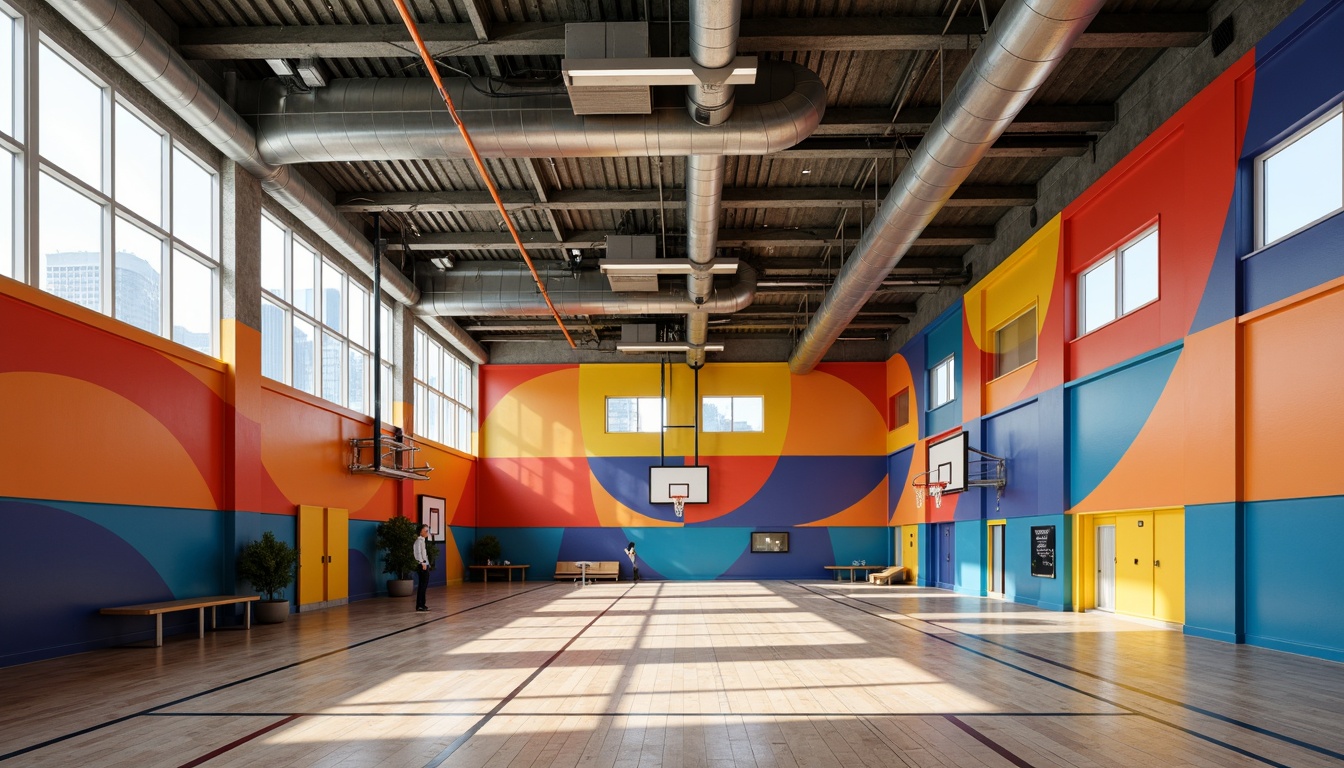 Prompt: Vibrant Bauhaus gymnasium, bold primary colors, geometric shapes, industrial materials, exposed ductwork, polished concrete floors, minimalist decor, functional lighting, athletic equipment, basketball hoops, running tracks, modernist architecture, rectangular windows, steel beams, urban surroundings, cloudy day, soft diffused lighting, shallow depth of field, 1/1 composition, realistic textures, ambient occlusion.