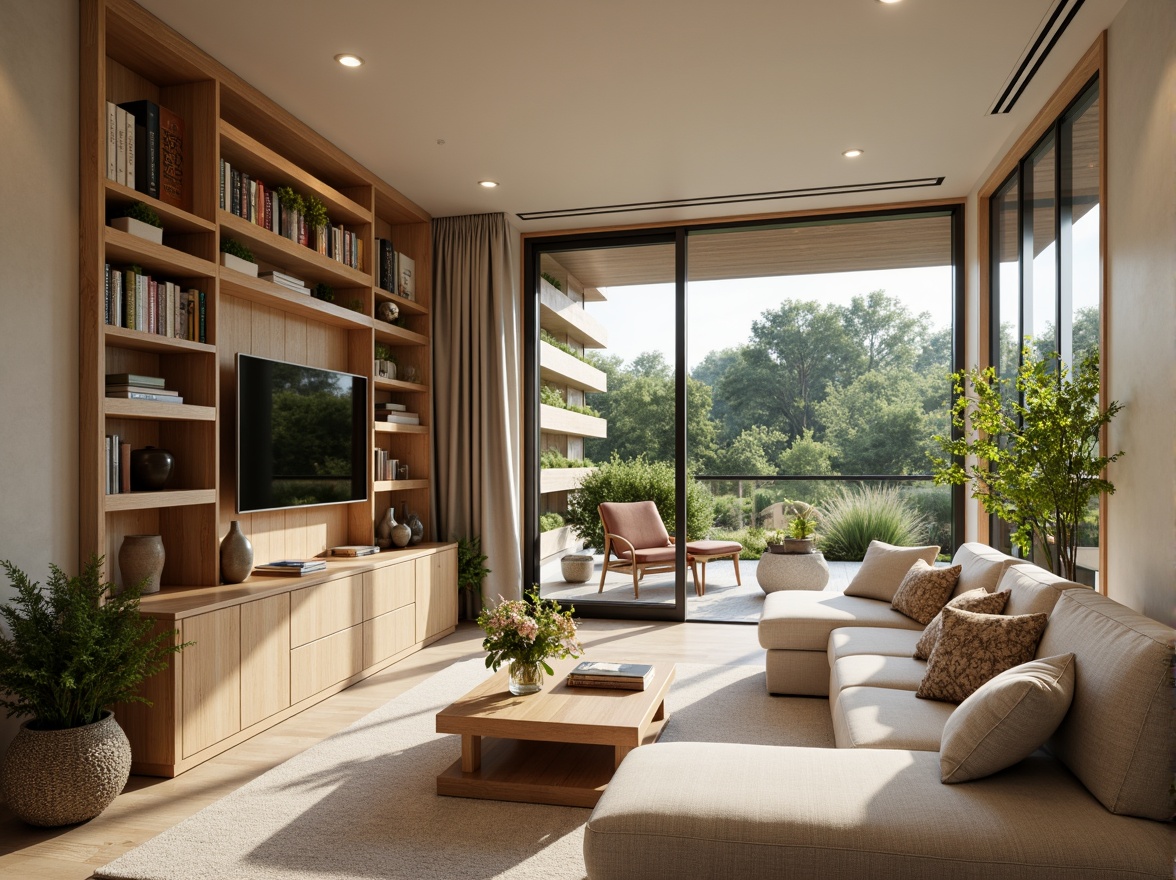 Prompt: Cozy living room, plush sofas, warm beige walls, soft carpet flooring, minimal ornamentation, functional shelving units, ergonomic furniture, ample natural light, floor-to-ceiling windows, sliding glass doors, serene outdoor views, lush greenery, vibrant flowers, modern minimalist decor, calming color palette, efficient storage solutions, multi-functional spaces, open-plan layout, comfortable reading nooks, warm task lighting, soft background music, 1/1 composition, shallow depth of field, realistic textures.