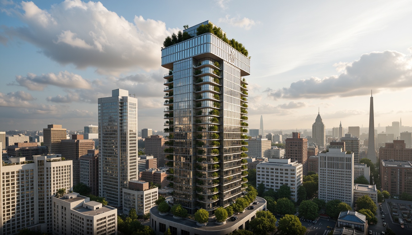 Prompt: Eco-friendly skyscraper, green roofs, solar panels, wind turbines, rainwater harvesting systems, grey water reuse, high-performance glazing, natural ventilation, double-glazed windows, low-E glass, LED lighting, occupancy sensors, energy-efficient elevators, recyclable materials, minimized waste, maximized daylight, optimized floor plates, cantilevered structures, aerodynamic shapes, urban wind farms, vertical gardens, living walls, bio-inspired facades, futuristic architecture, sleek metallic surfaces, angular lines, minimalist design, panoramic city views, dramatic cloud formations, soft warm lighting, shallow depth of field, 3/4 composition.