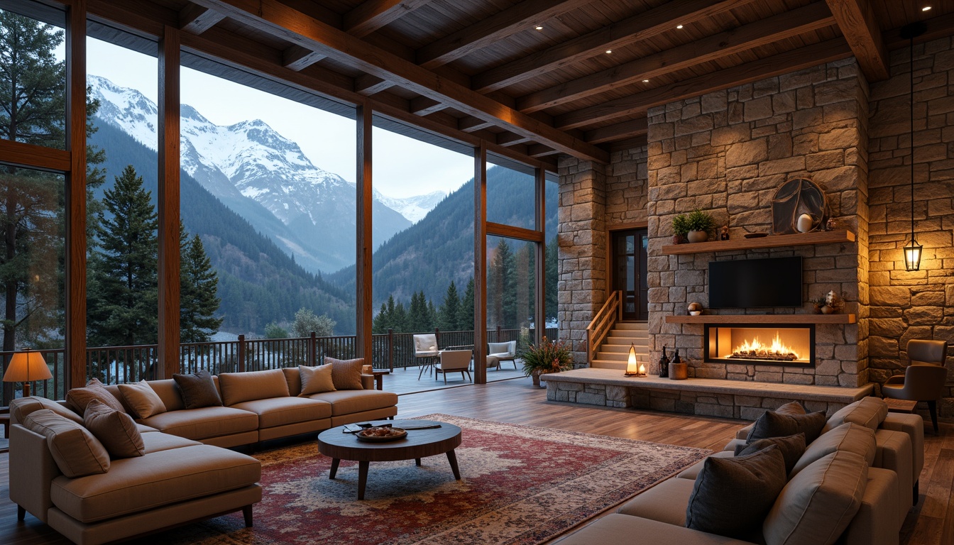 Prompt: Rustic mountain lodge, wooden accents, natural stone walls, earthy color palette, cozy fireplaces, warm ambient lighting, plush furnishings, reclaimed wood floors, metal roofing, industrial-chic decor, modern minimalist design, floor-to-ceiling windows, breathtaking mountain views, snow-capped peaks, misty atmosphere, soft focus, shallow depth of field, 1/2 composition, cinematic mood, realistic textures, subtle color grading.