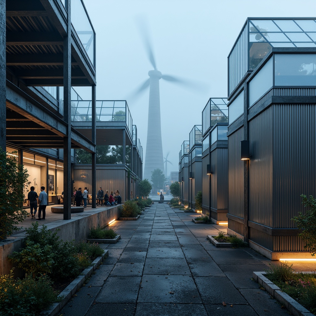 Prompt: Industrial energy plant, experimental architecture, metallic structures, steel beams, concrete foundations, corrugated metal cladding, transparent glass roofs, solar panels, wind turbines, thermal insulation, recycled materials, sustainable design, futuristic aesthetic, neon lighting, misty atmosphere, shallow depth of field, 1/1 composition, realistic textures, ambient occlusion.