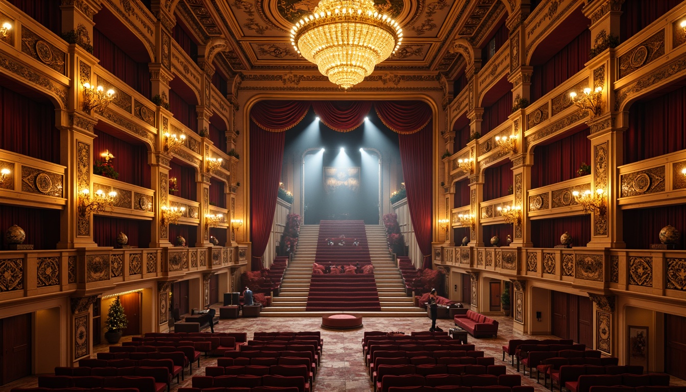 Prompt: Grandiose opera house, ornate golden details, crimson velvet curtains, majestic chandeliers, intricate moldings, marble floors, sweeping staircases, lavish furnishings, rich tapestries, dramatic spotlights, warm ambient lighting, shallow depth of field, 1/1 composition, symmetrical framing, opulent textures, subtle color grading.