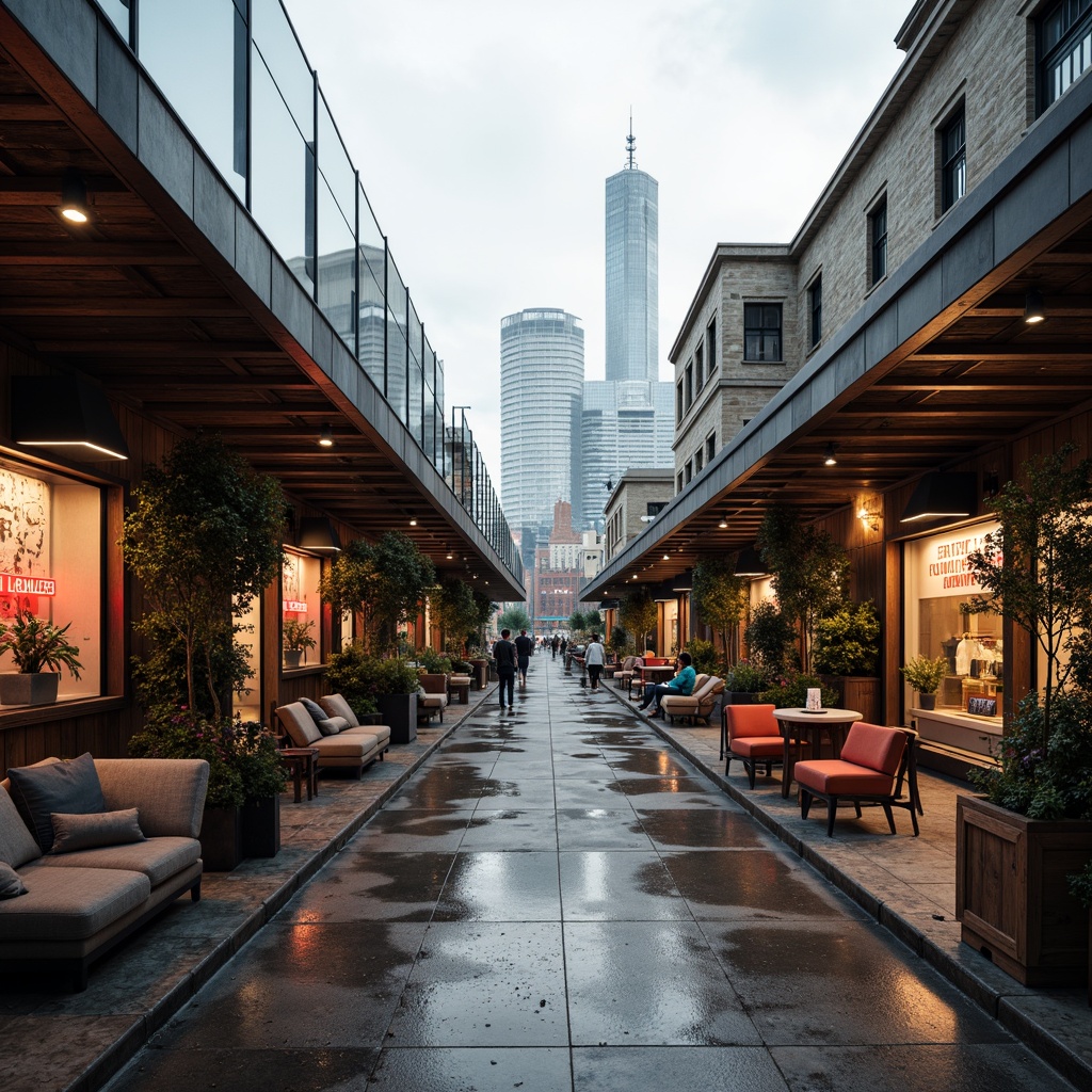 Prompt: Monochromatic modern market, sleek glass roofs, polished metal accents, industrial chic concrete floors, reclaimed wood textures, vibrant neon signage, eclectic mix of vintage and contemporary furniture, urban cityscape backdrop, overcast sky with soft warm lighting, shallow depth of field, 1/1 composition, realistic reflections, ambient occlusion.