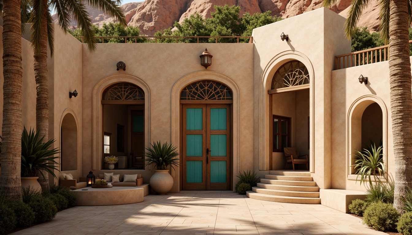 Prompt: Majestic desert villa, gothic architecture, warm beige stone walls, intricately carved arches, ornate ironwork, grandiose entrance gates, mystical lanterns, vibrant turquoise accents, earthy terracotta roofs, rustic wooden doors, mysterious alcoves, dramatic shadows, warm golden lighting, cinematic composition, atmospheric perspective, realistic rock textures, ambient occlusion.