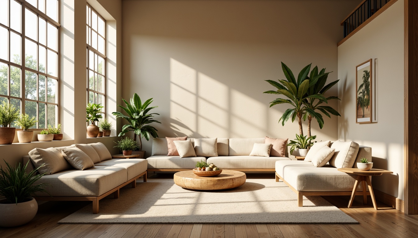 Prompt: Cozy living room, large windows, soft natural light, warm beige walls, comfortable sofas, wooden coffee tables, lush green plants, minimalist decor, subtle textures, ambient shadows, gentle color palette, inviting atmosphere, morning sunlight, indirect illumination, 1/1 composition, shallow depth of field, realistic rendering.