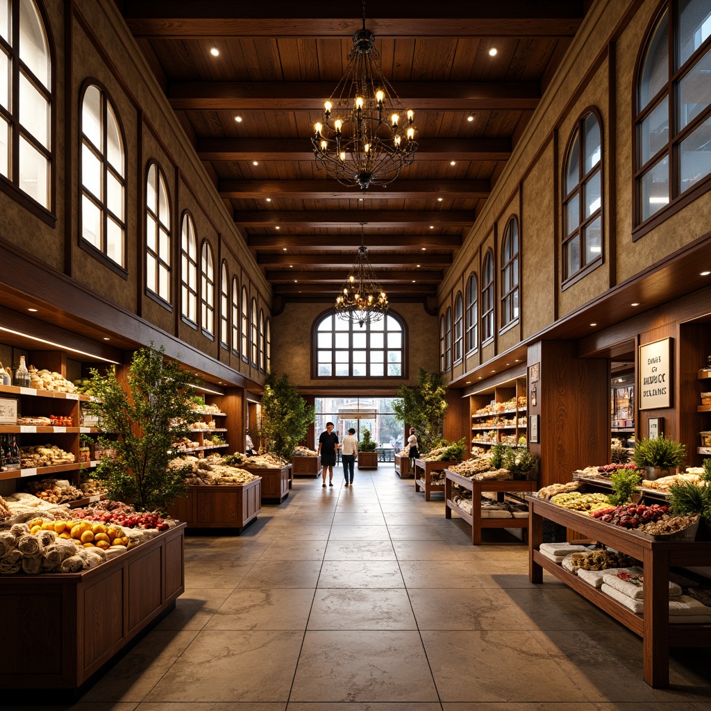 Prompt: Renaissance-style grocery store, ornate facades, arched windows, decorative cornices, grand entranceways, high ceilings, intricate moldings, polished marble floors, ornate chandeliers, wooden shelves, vintage-inspired signage, rustic brick walls, distressed wood accents, warm golden lighting, soft focus, shallow depth of field, 1/2 composition, realistic textures, ambient occlusion.